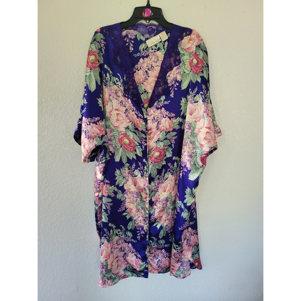 Solange Purple Floral Satin Lace Trim Kimono‎ Robe Plus 18/20 Vintage Style #20